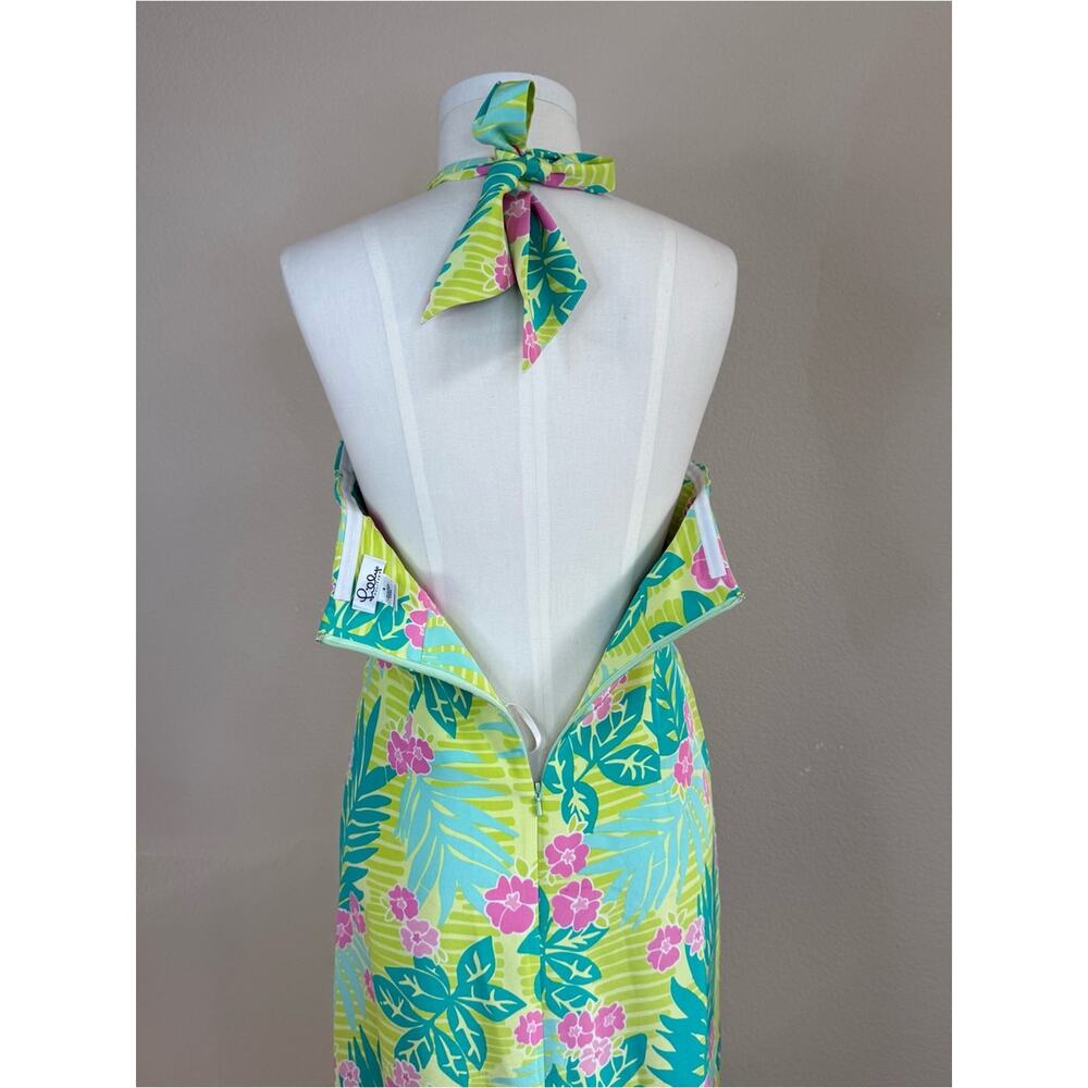 LILLY PULITZER VINTAGE Silk Lime Green Tropical Floral Halter Midi Dress Sz 8 - Picture 9 of 16